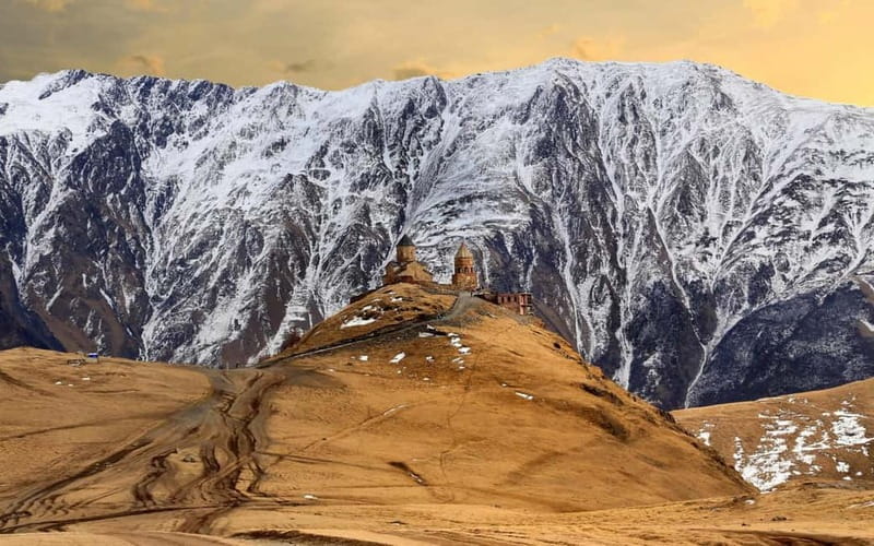 from kazbegi to Gergeti Church, Gveleti Waterfall, Dariali - Gergeti Trinity Church above Kazbegi