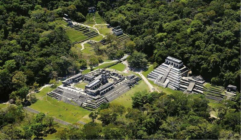From Palenque: Palenque Ruins and waterfalls Roberto Barrios - Palenque: Maya architecture under the trees